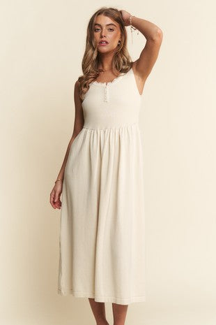 A Line Henley Lace Trim Sleeveless Ribbed Dress